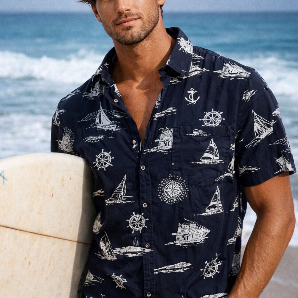 L.L. Bean Navy mens Polo with Nautical Print size xL